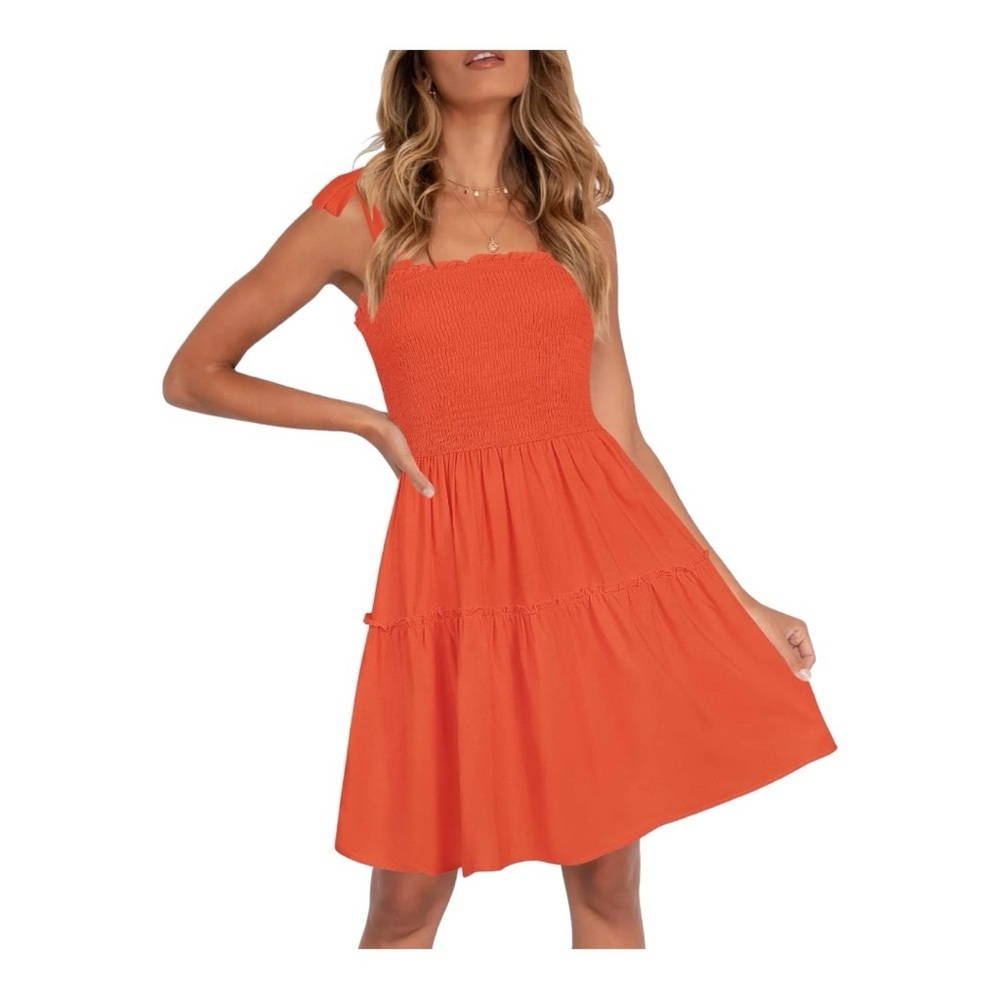 ZESICA Women's Smocked Tie Shoulder Maxi Dress Red‎ Size M Casual Beach Sundress